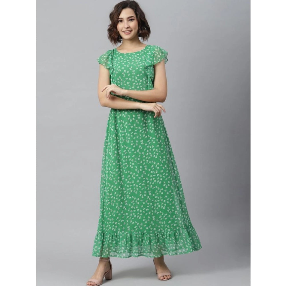 Green polyester floral round neck short sleeve dress