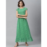 Green polyester floral round neck short sleeve dress