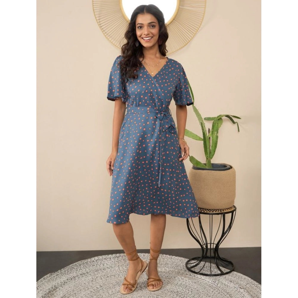 Grey moss polka dot women's V-neck bell sleeve dress