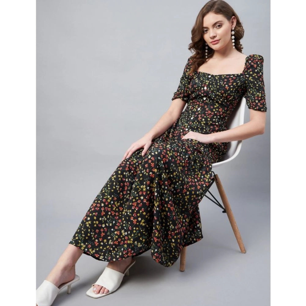 Black polyester moss floral half sleeve square neck dress