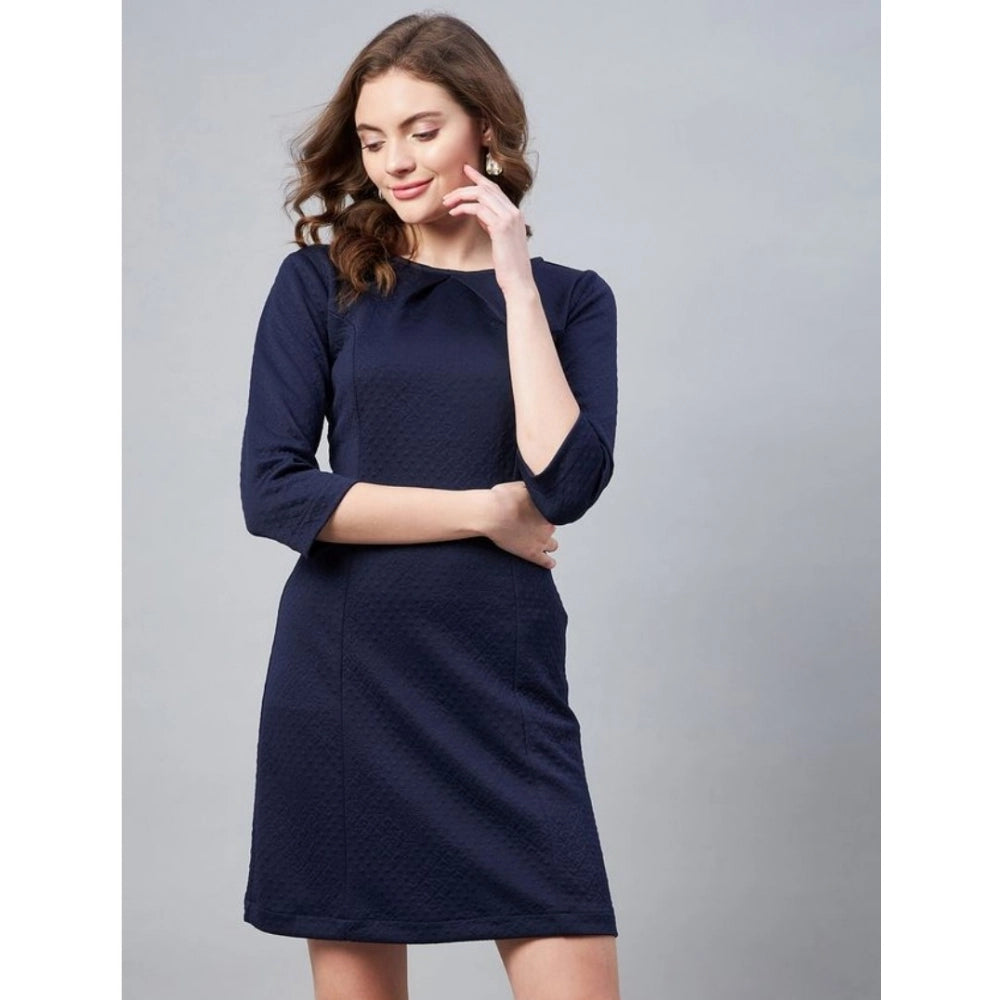 Navy blue polyester self-design round neck dress with 3/4th sleeves