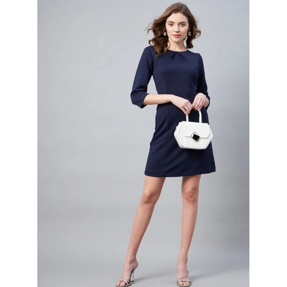 Navy blue polyester women's self-design round neck dress with 3/4 sleeves