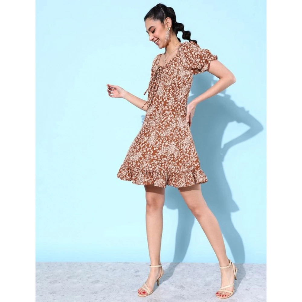 Rust floral crepe polyester short sleeve square neck dress