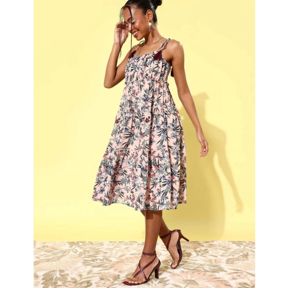 Georgette peach floral sleeveless square neck dress