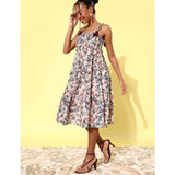 Georgette peach floral sleeveless square neck dress