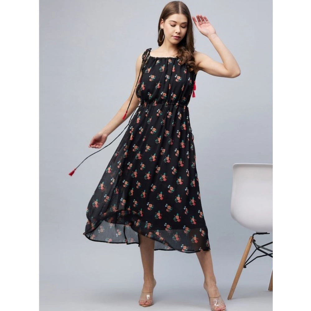 Black chiffon sleeveless square neck dress with floral print