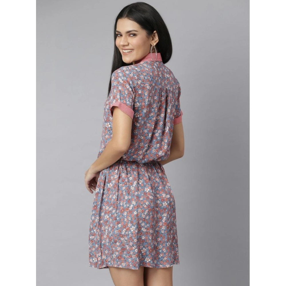 Grey-red moss floral print polyester short sleeve women's dress