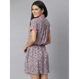Grey-red moss floral print polyester short sleeve women's dress