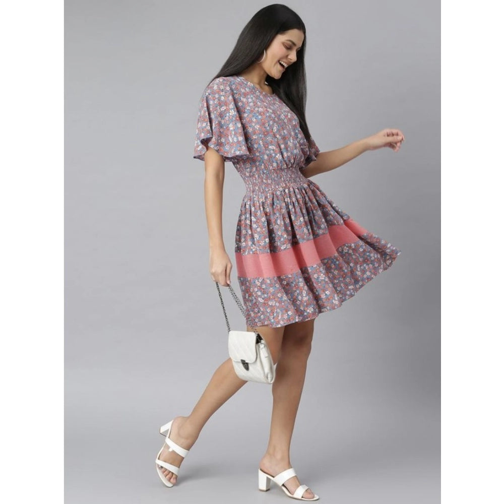 Grey-red polyester flutter dress with round neck, flared skirt