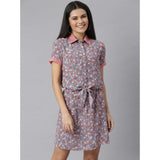 Grey and red polyester short sleeve dress with collar and flared skirt