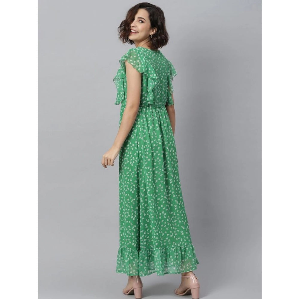 Women's green polyester round neck short sleeve dress
