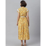 Women's short-sleeved V-neck dress with floral pattern, yellow and white colors