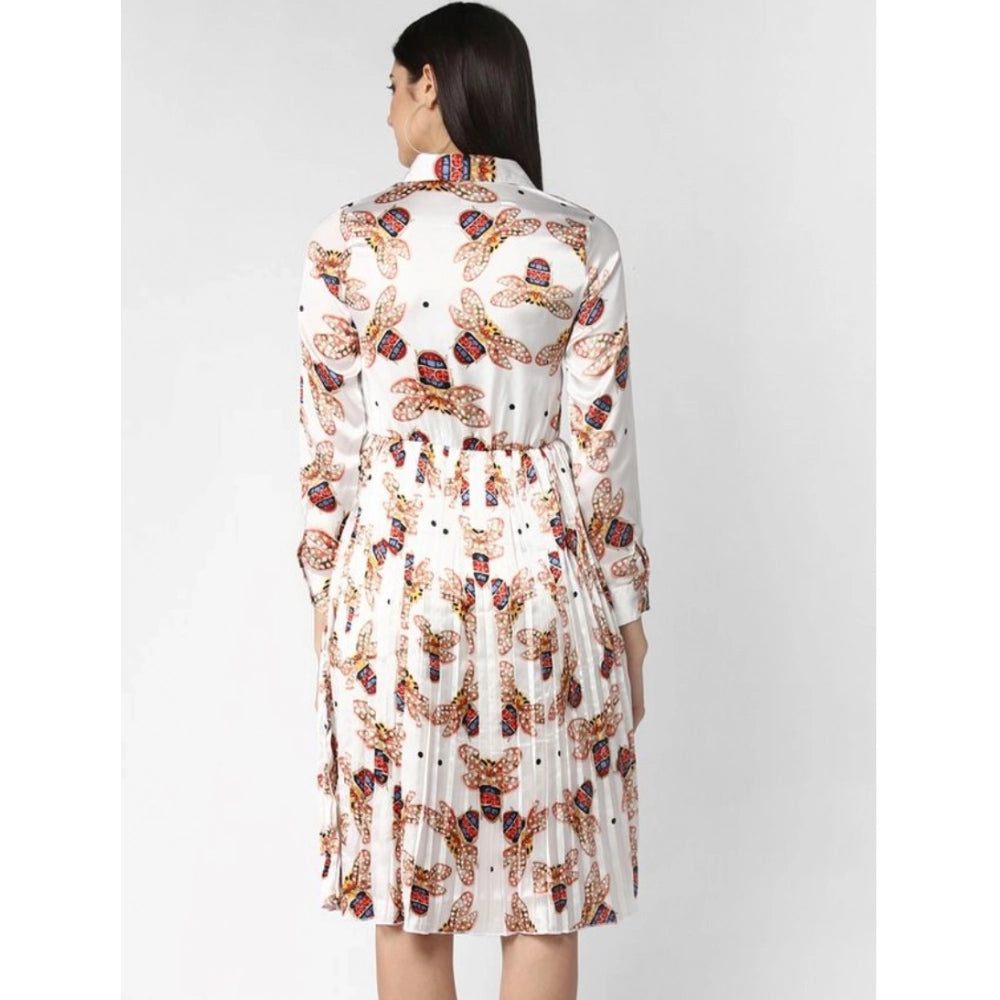 White pleated collared long sleeve women's dress