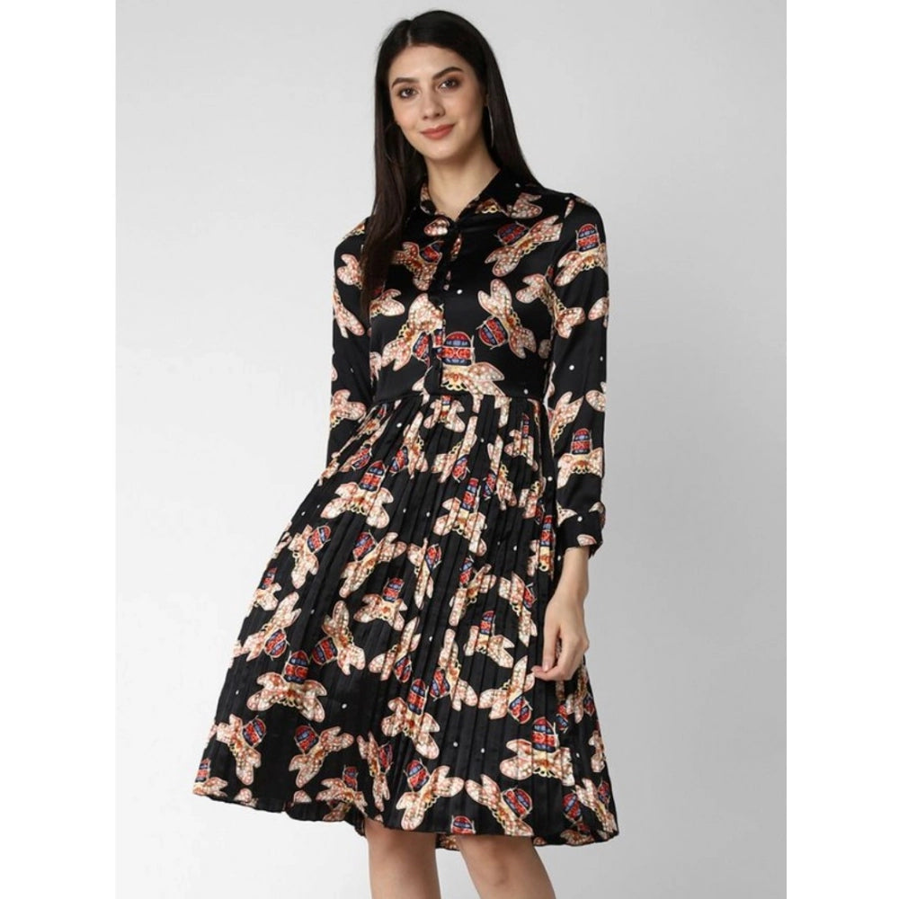 Black polyester pleated collared long sleeved dress