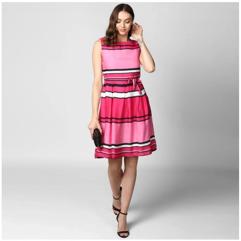 Pink striped polyester close neck sleeveless dress