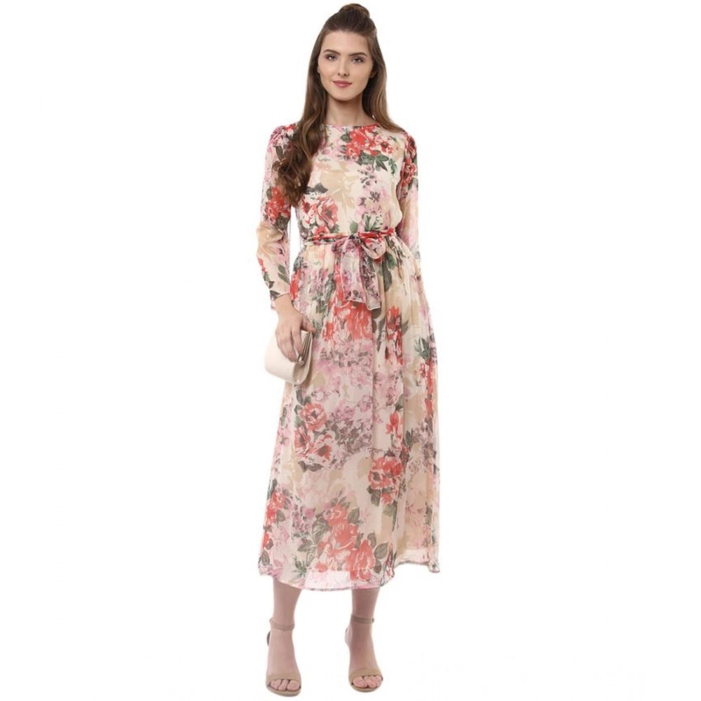 Women's round neck long sleeved chiffon floral dress