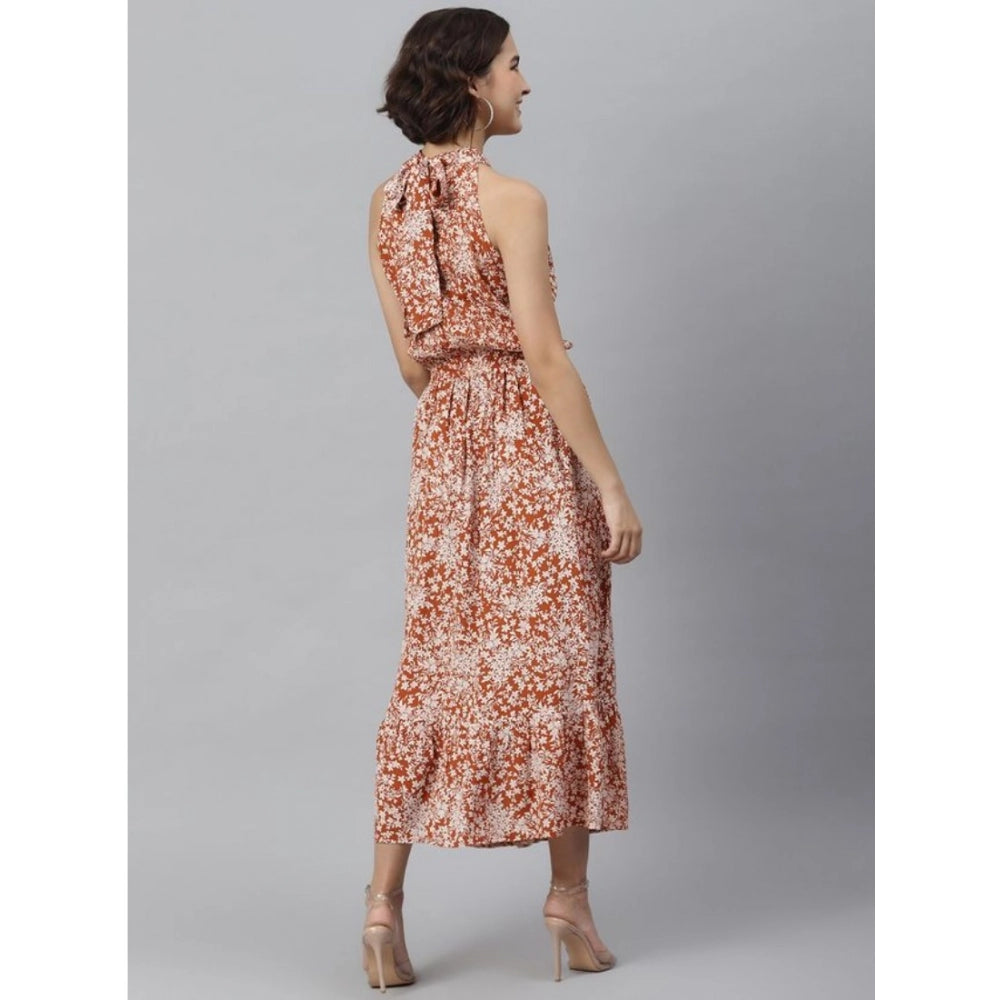 Women's rust colored polyester halter neck sleeveless dress