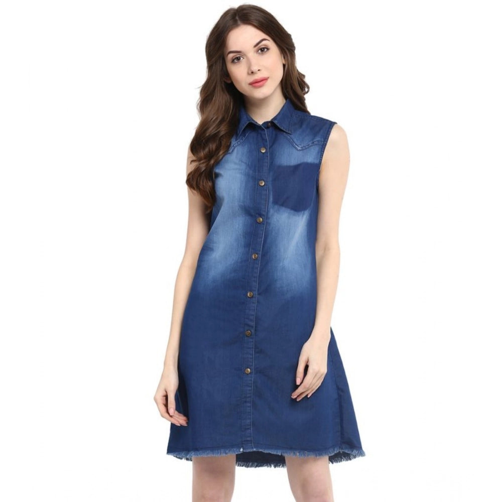 Blue denim sleeveless dress with a solid collar neck