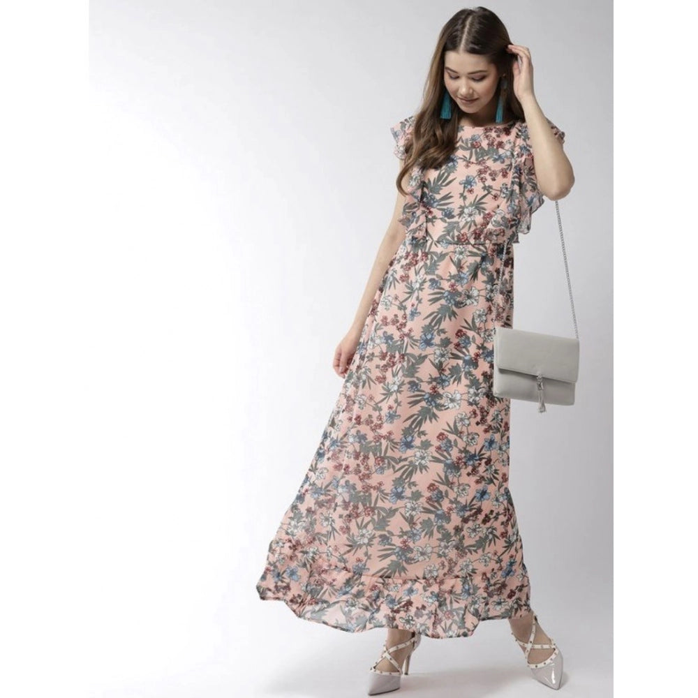 Women's round neck polyester floral dress
