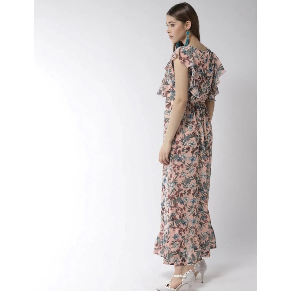 Multicolored polyester floral round neck flutter dress
