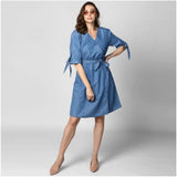 Blue denim V-neck tie up dress