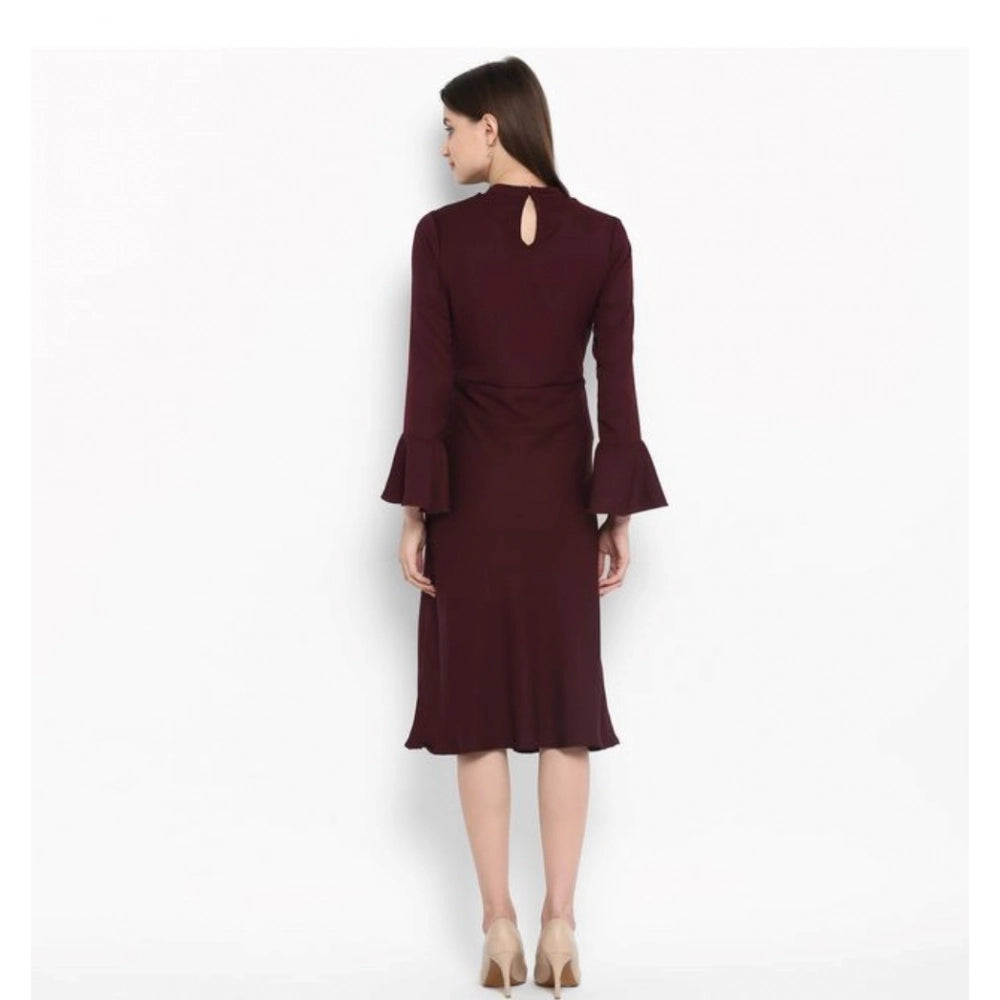 Maroon polyester close neck ruffle sleeve dress