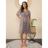Grey polyester women's V-neck dress with bell sleeves and moss floral pattern