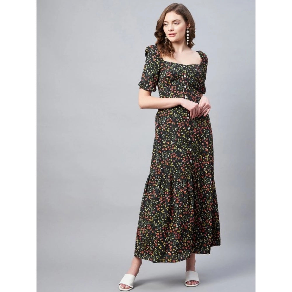Womens polyester moss floral square neck half sleeve dress in black