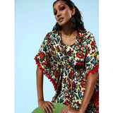 Women's multi-colored round neck kaftan dress with moss print in polyester