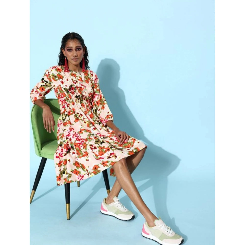 Multicolor polyester women's round neck dress with moss polka dot pattern, ¾ length sleeves