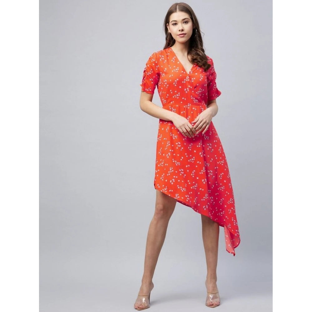 Women's orange polyester v-neck short sleeve dress