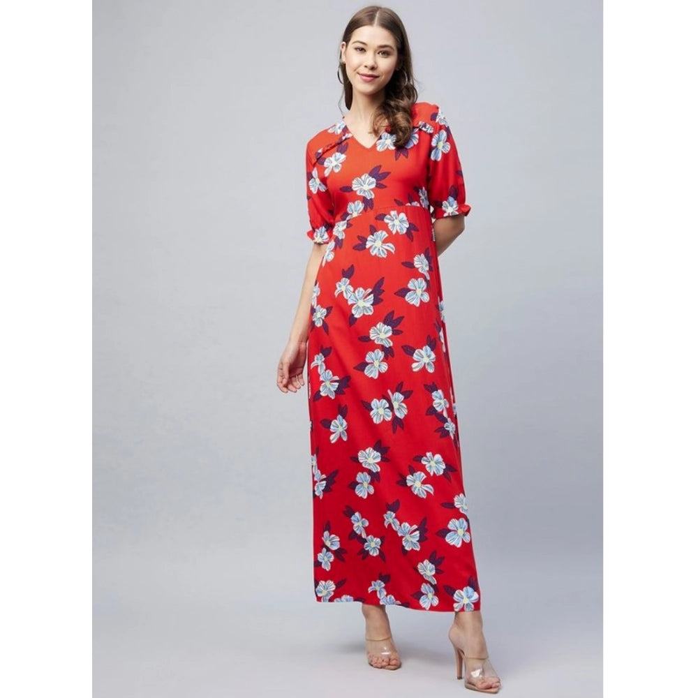 Women's v-neck long half sleeve dress with floral print in blue and red