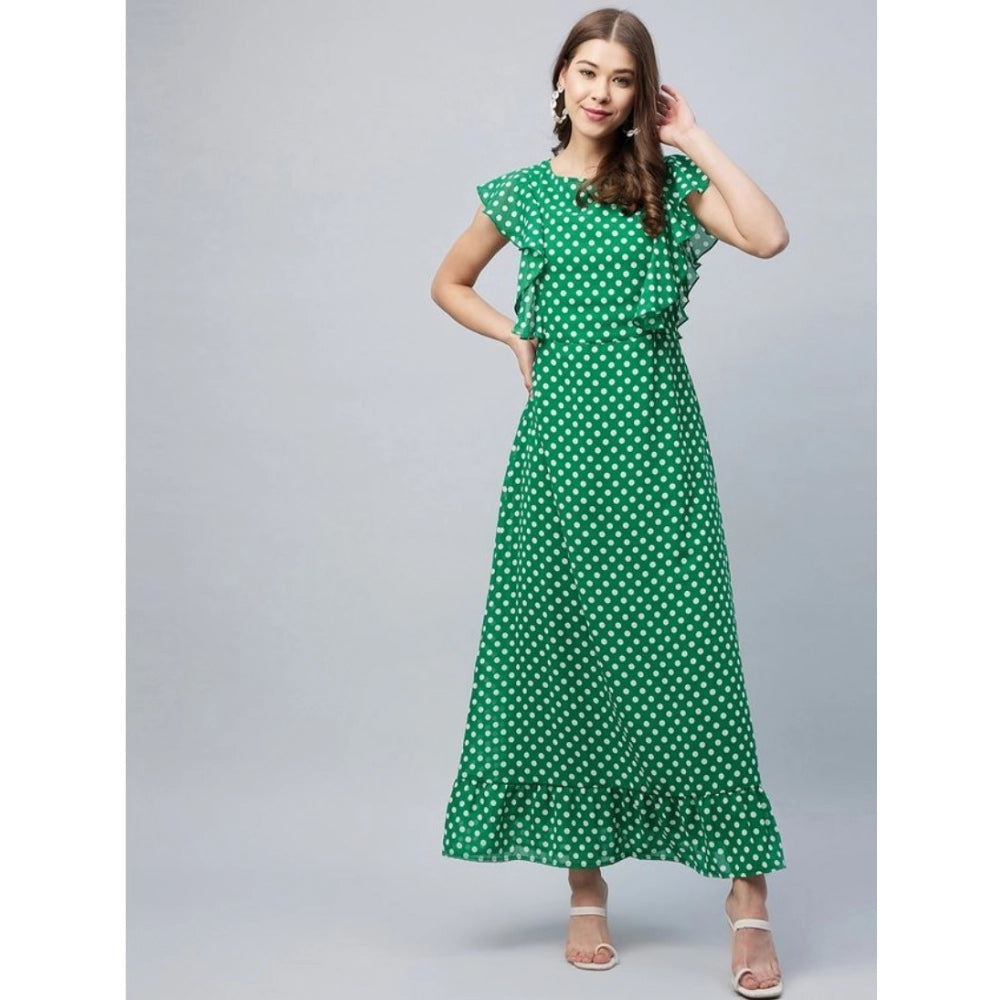 Green polyester polka dot close-neck flutter dress