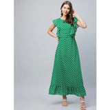 Green polyester polka dot close-neck flutter dress