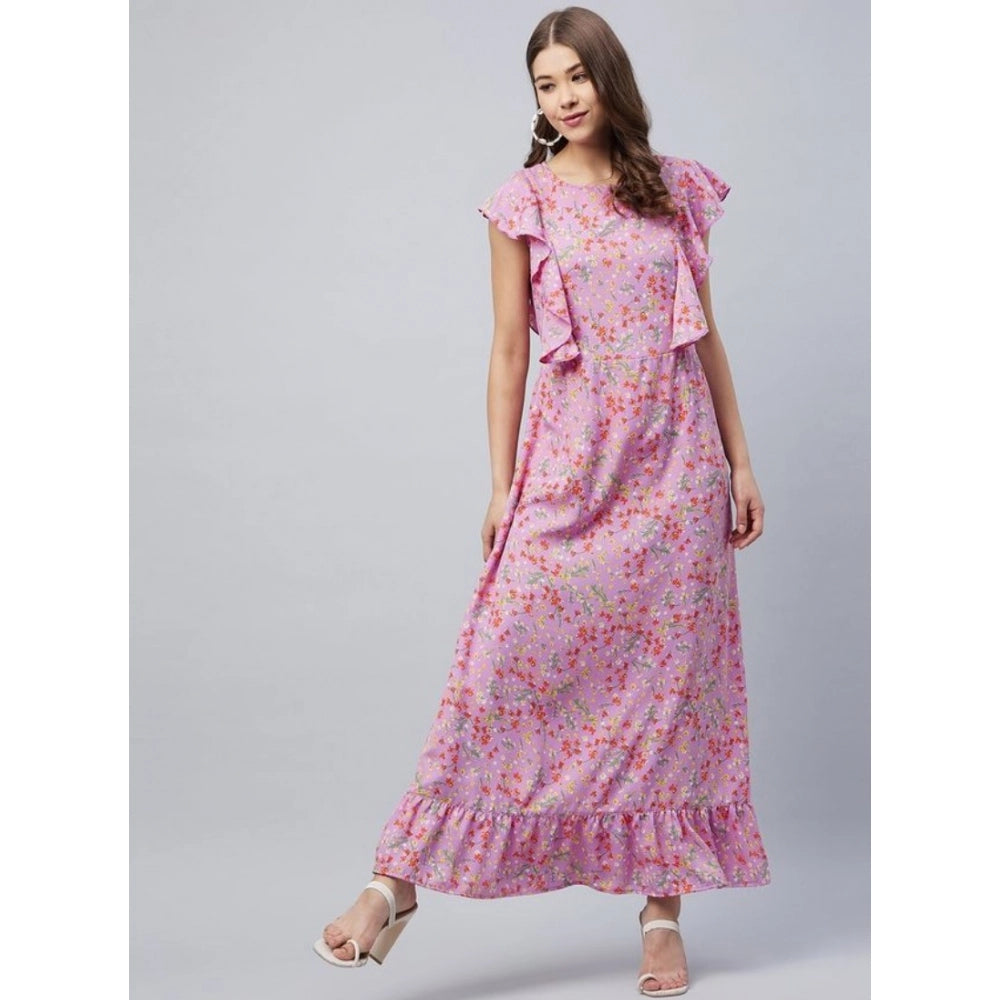 Lavender floral round neck flutter dress, polyester material