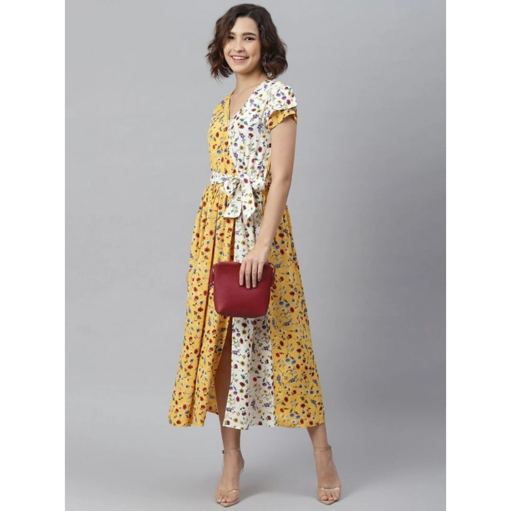 Yellow floral v-neck short sleeve women's dress