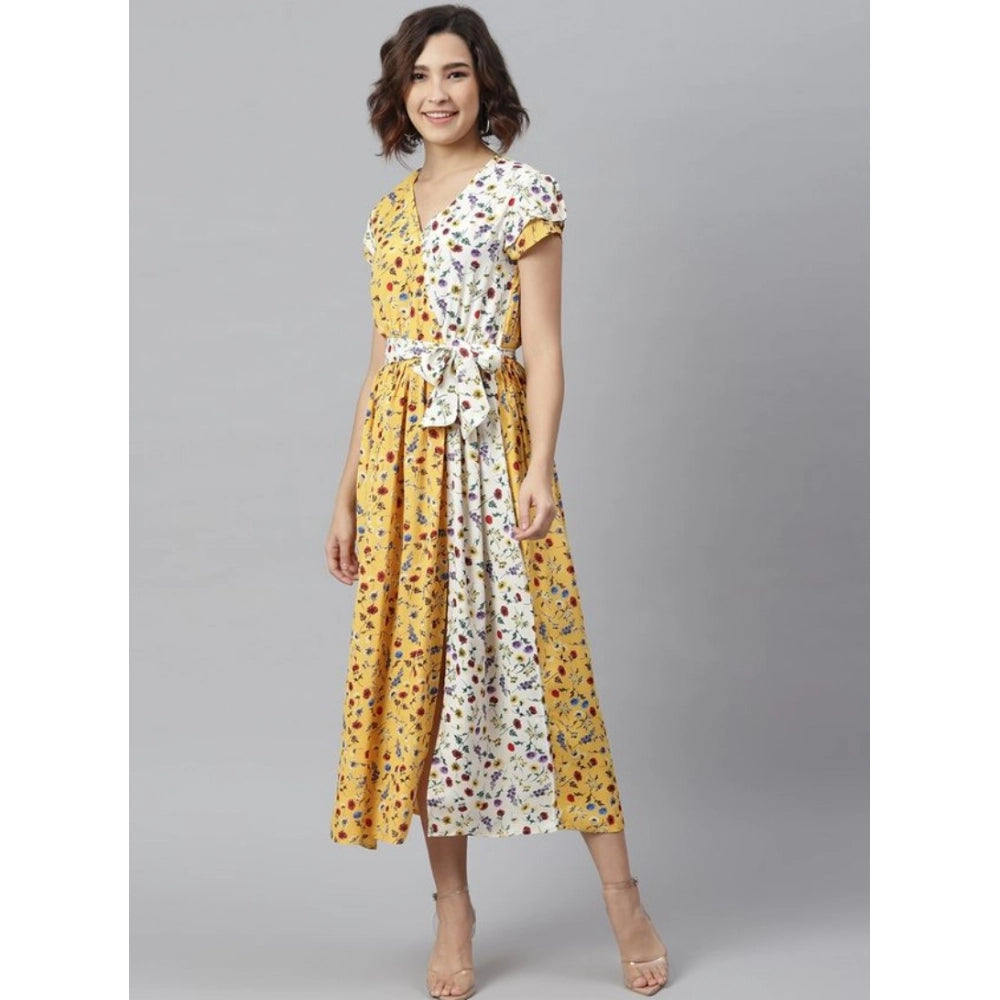 Yellow and white women's polyester floral v-neck short sleeve dress