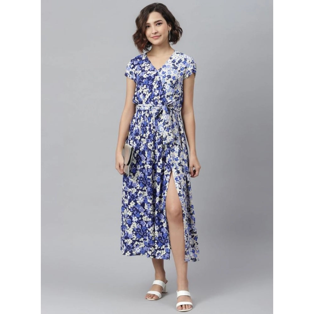 Women's V-neck, short sleeve, polyester floral dress in purple and white