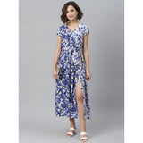 Women's V-neck, short sleeve, polyester floral dress in purple and white