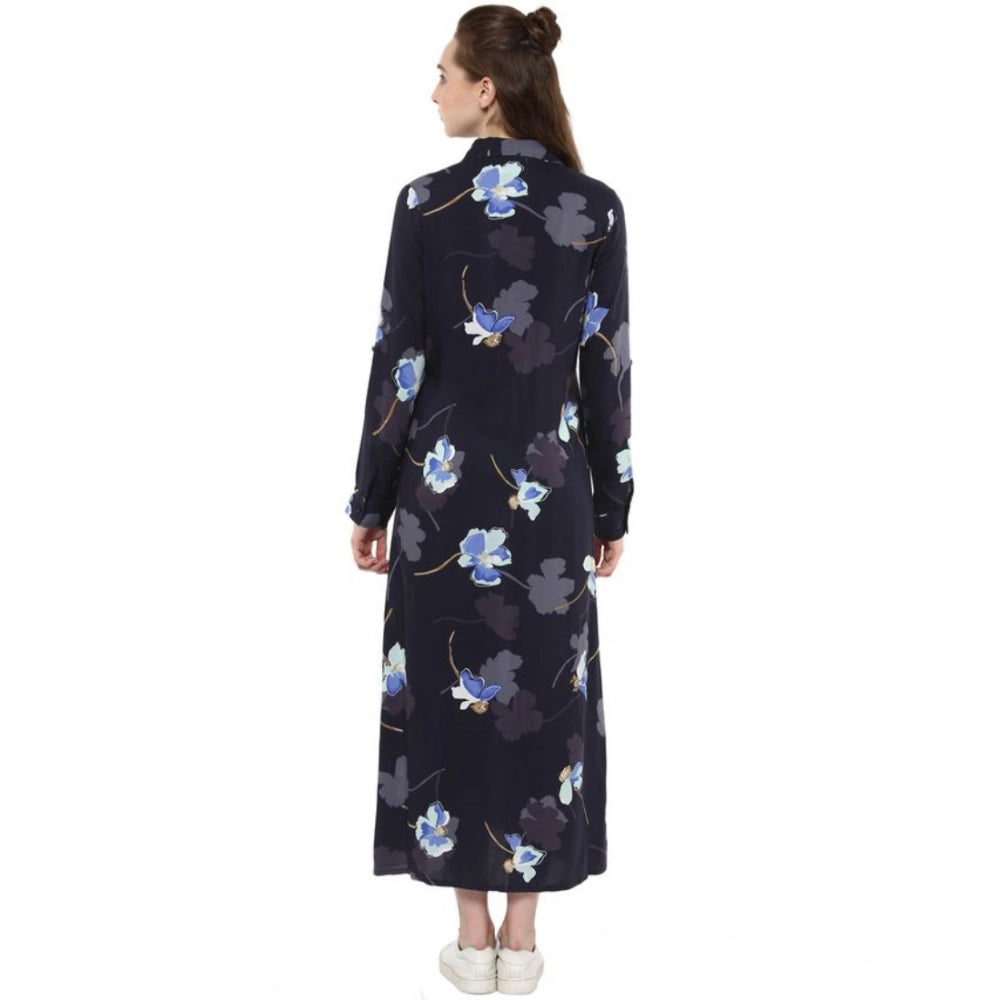 Long sleeved rayon dress with a floral collar and long sleeves in blue