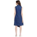 Women's solid blue denim dress with collar and sleeveless design