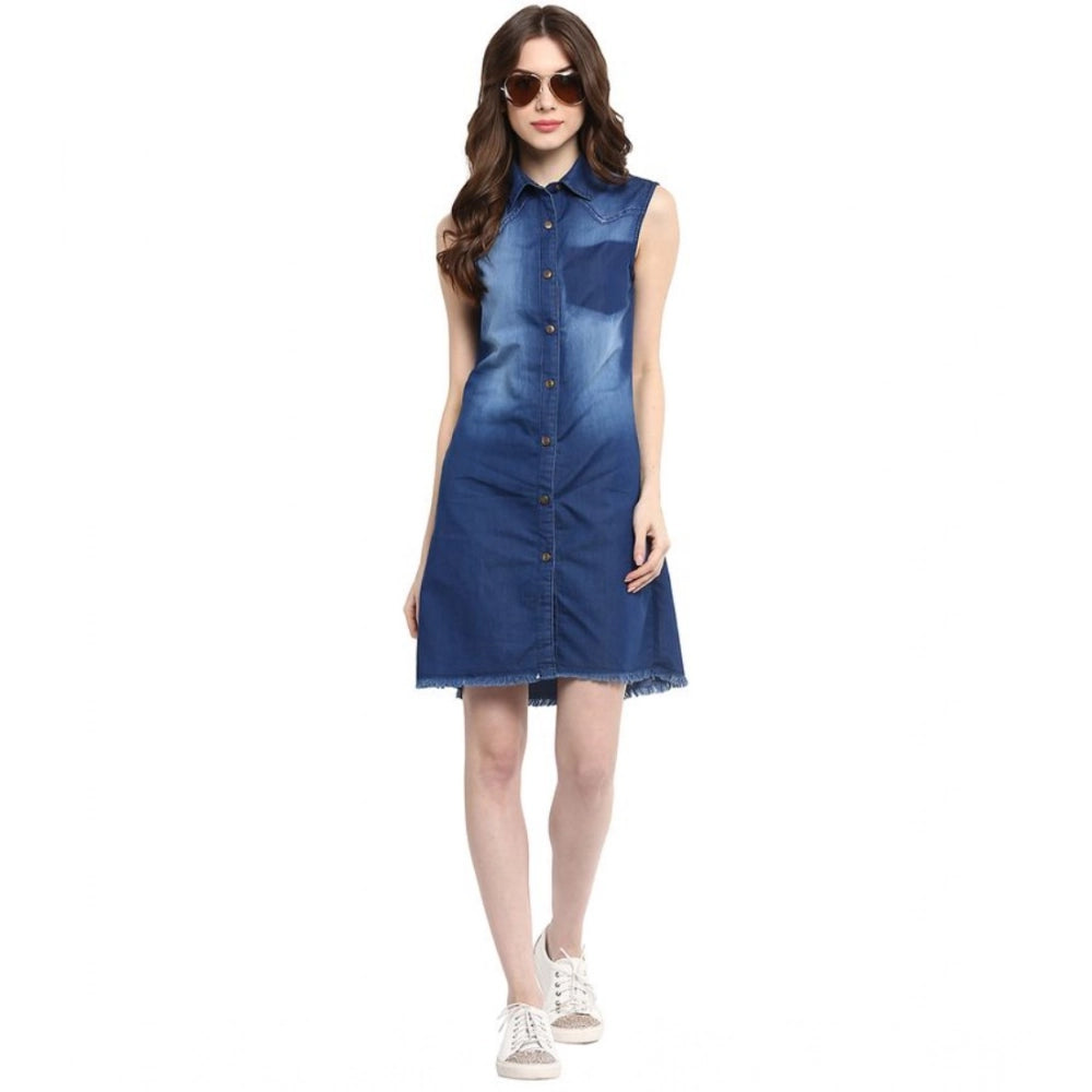 Blue denim dress with solid collar neck style