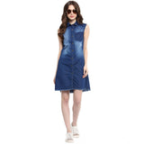 Blue denim dress with solid collar neck style