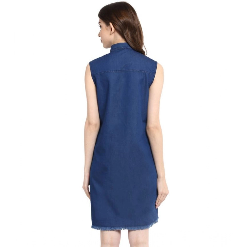 Women's blue denim solid collar neck sleeveless dress