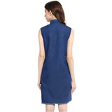 Women's blue denim solid collar neck sleeveless dress