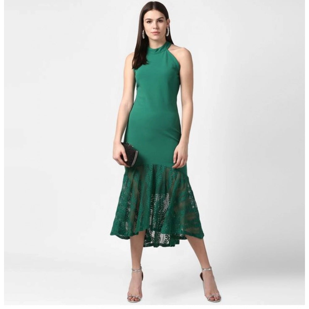Green polyester asymmetrical close neck sleeveless dress