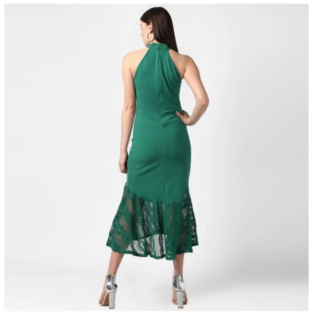 Green polyester sleeveless dress with asymmetrical neckline