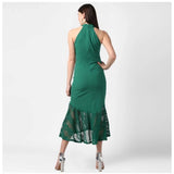 Green polyester sleeveless dress with asymmetrical neckline