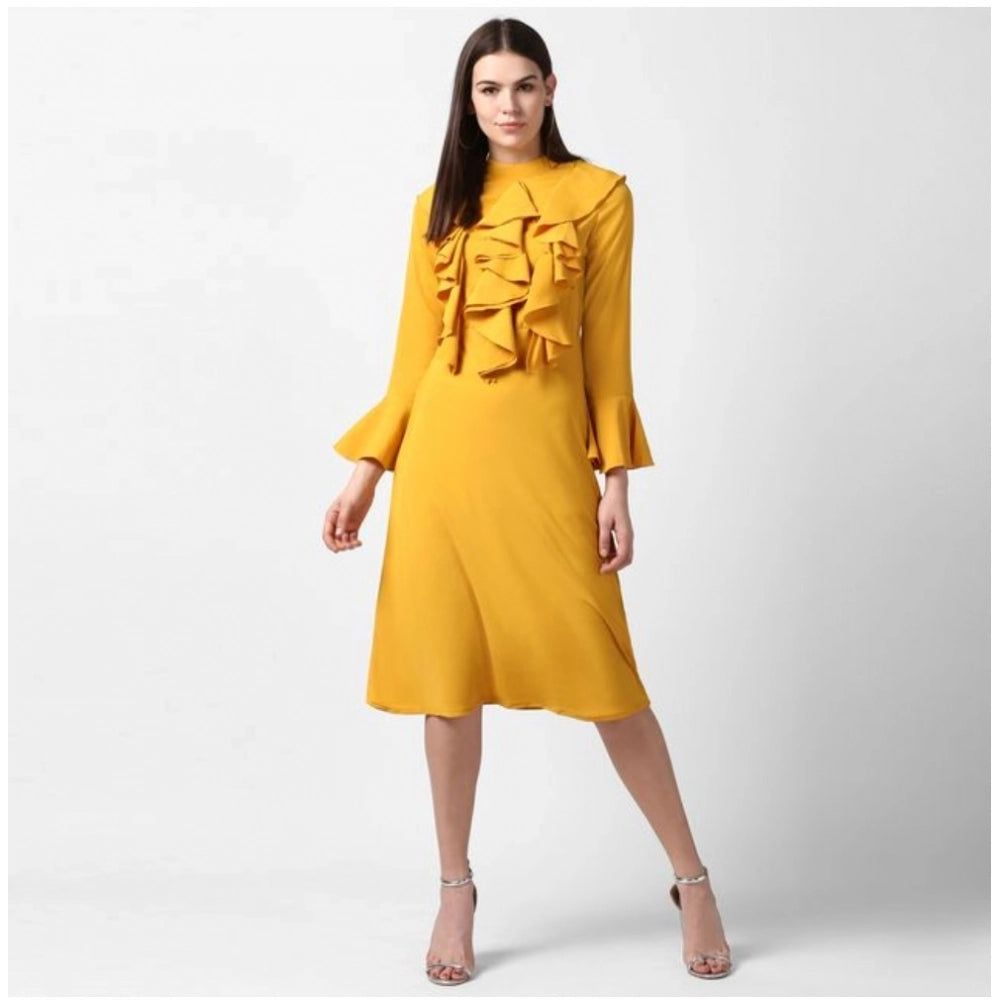 Women's yellow ruffled close neck long sleeves dress