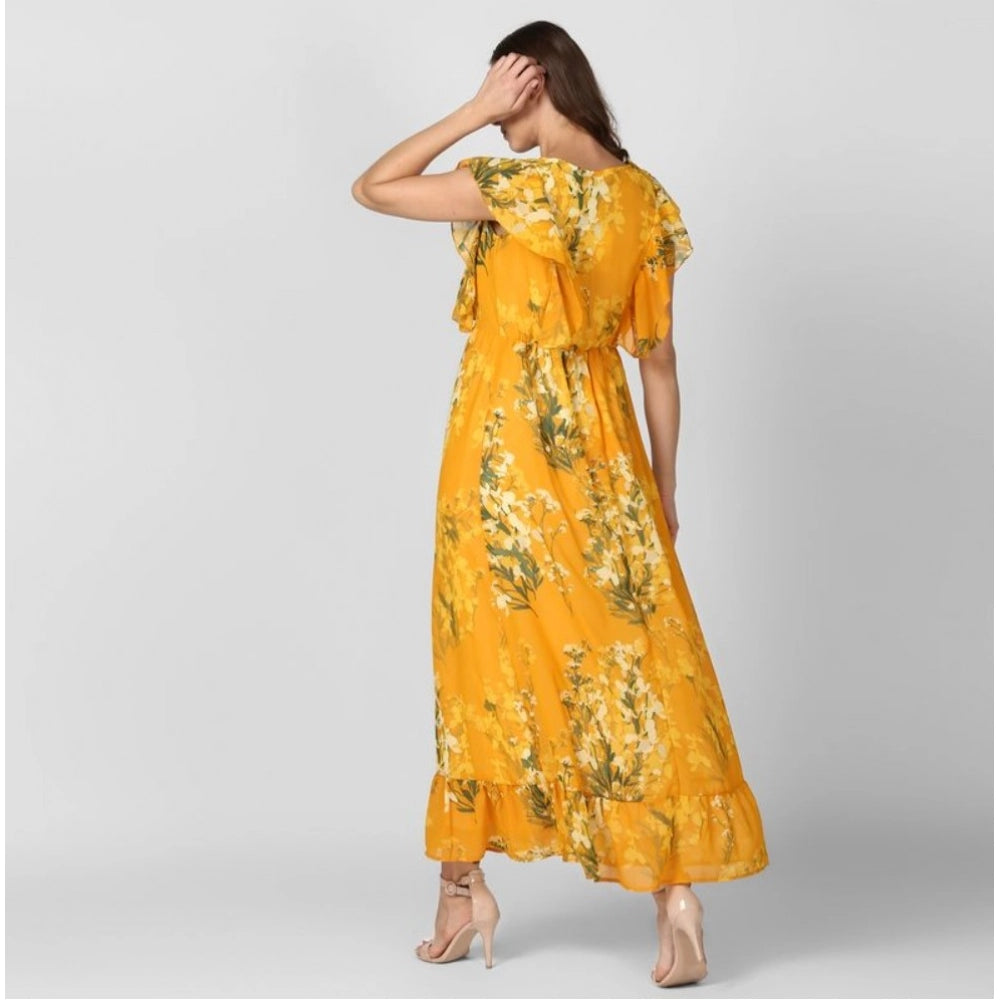 Yellow polyester floral round neck dress with butterfly sleeves